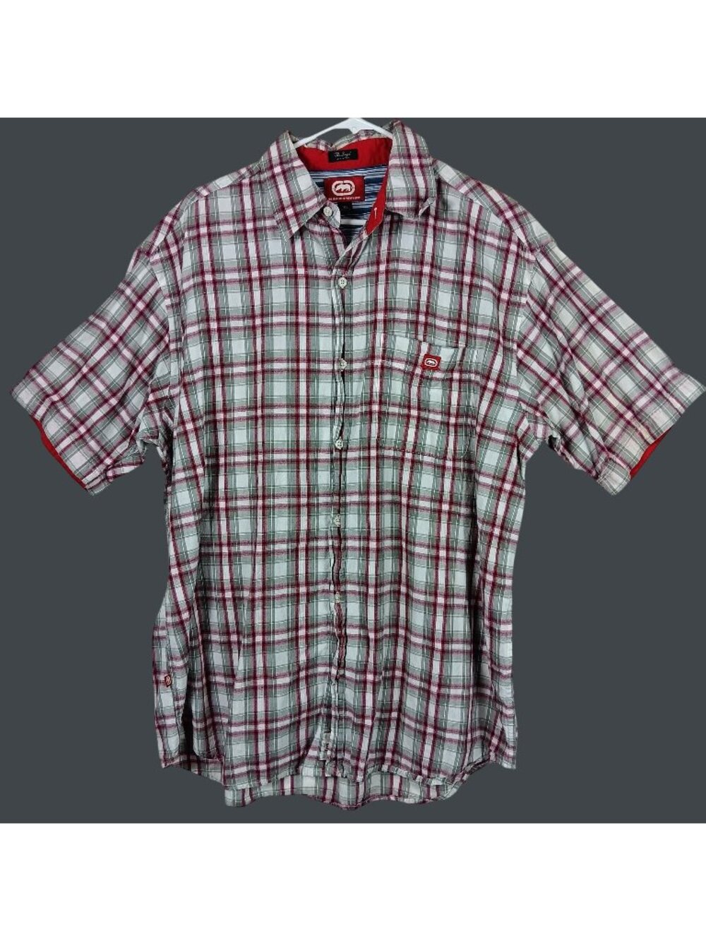 Ecko Unltd The Dwyer Plaid Cotton Short Sleeve Shirt Mens XL Gray Red Streetwear